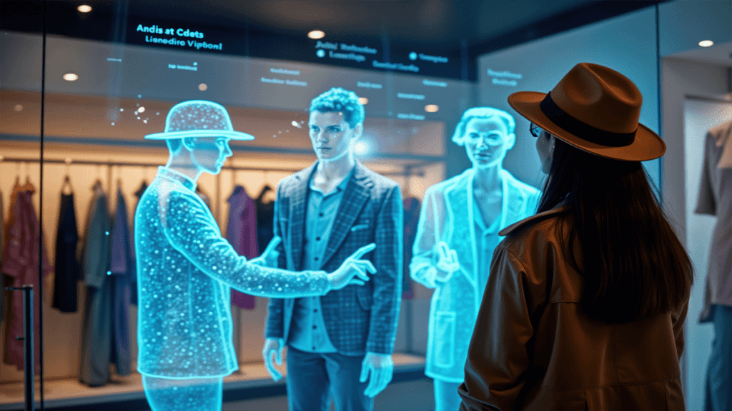 AI-driven hyper-personalization in retail: A customer interacting with virtual digital assistants and holographic shopping experiences.